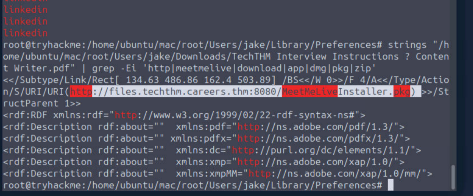 strings grep output of the PDF showing the malicious MeetMeLiveInstaller.pkg download URL